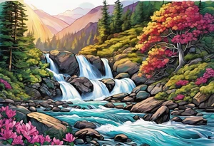 Rocky rapid stream flowing into a rhododendron waterfall inside of the body of a rainbow trout tattoo idea