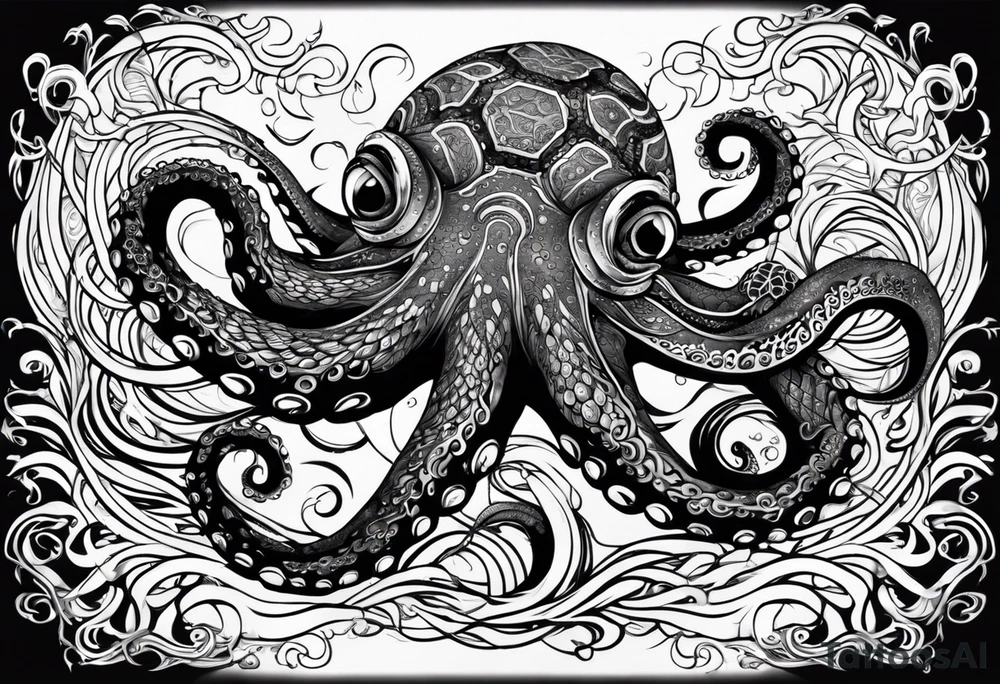 Tribal half sleeve octopus surrounded by ribbons of water waves filled with fish. a tribal sea turtle hidden in the lines of the head of the octopus. the octopus has no eyes. Use thick lines only with less detail tattoo idea