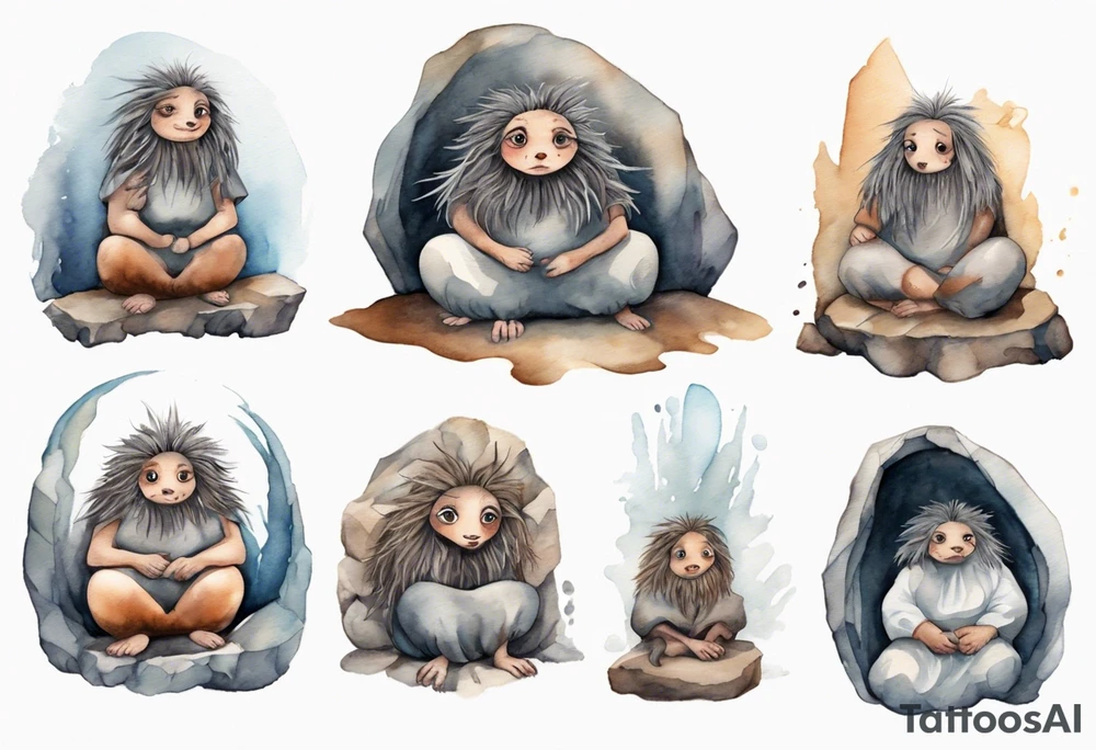 a solitary plump mole woman with large round eyes, covered in grey fur with messy brown dreadlocks sitting in stone throne in a cave tattoo idea