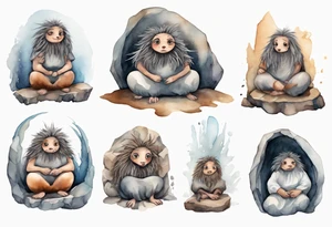 a solitary plump mole woman with large round eyes, covered in grey fur with messy brown dreadlocks sitting in stone throne in a cave tattoo idea