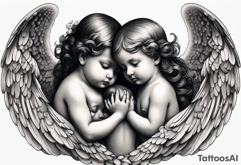 angels praying together. Three boy angels are standing in the back of the three girl angel, with their wings gently enfolding a baby angel in a protective embrace tattoo idea