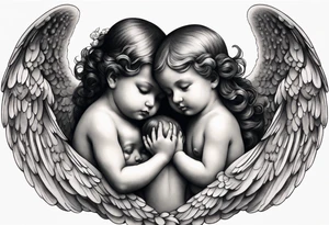 angels praying together. Three boy angels are standing in the back of the three girl angel, with their wings gently enfolding a baby angel in a protective embrace tattoo idea