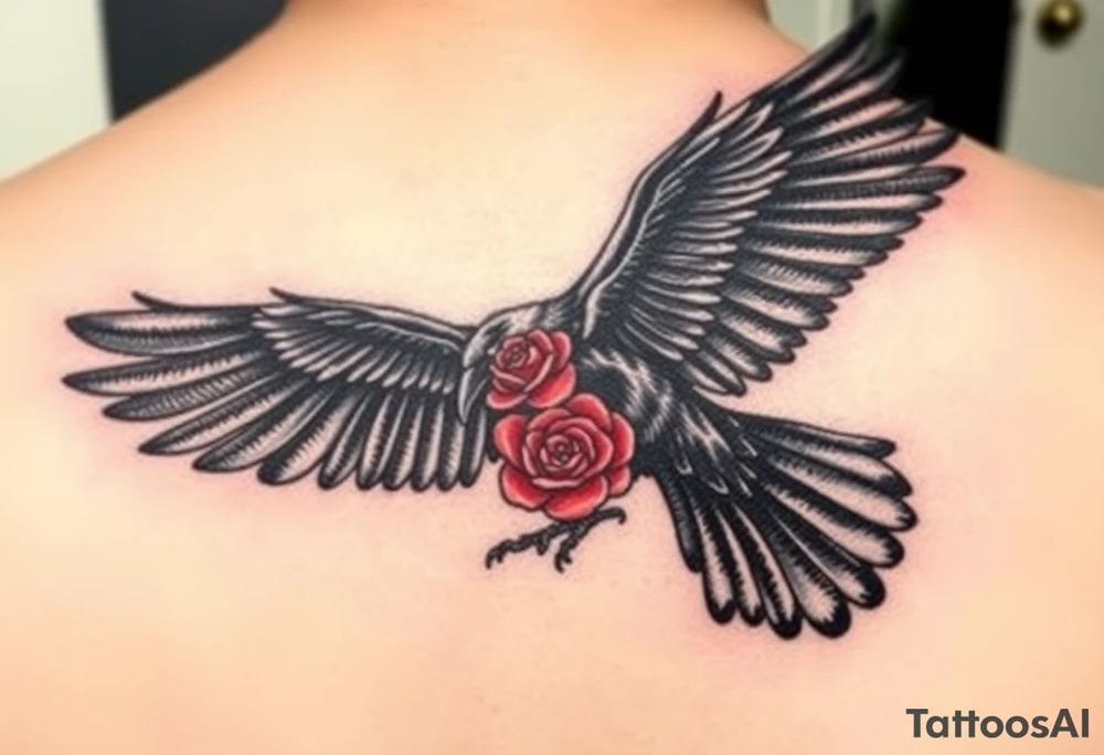 A black crow soaring symmetrically gracefully with its wings fully extended, each feather intricately detailed to capture a sense of movement and depth. In its talons, it gently carries a vibrant red rose, its petals vivid and delicate. The composition blends realism with deep symbolism, representing strength, transformation, and the enduring connection between life, resilience, and the unseen forces that guide and protect. tattoo idea