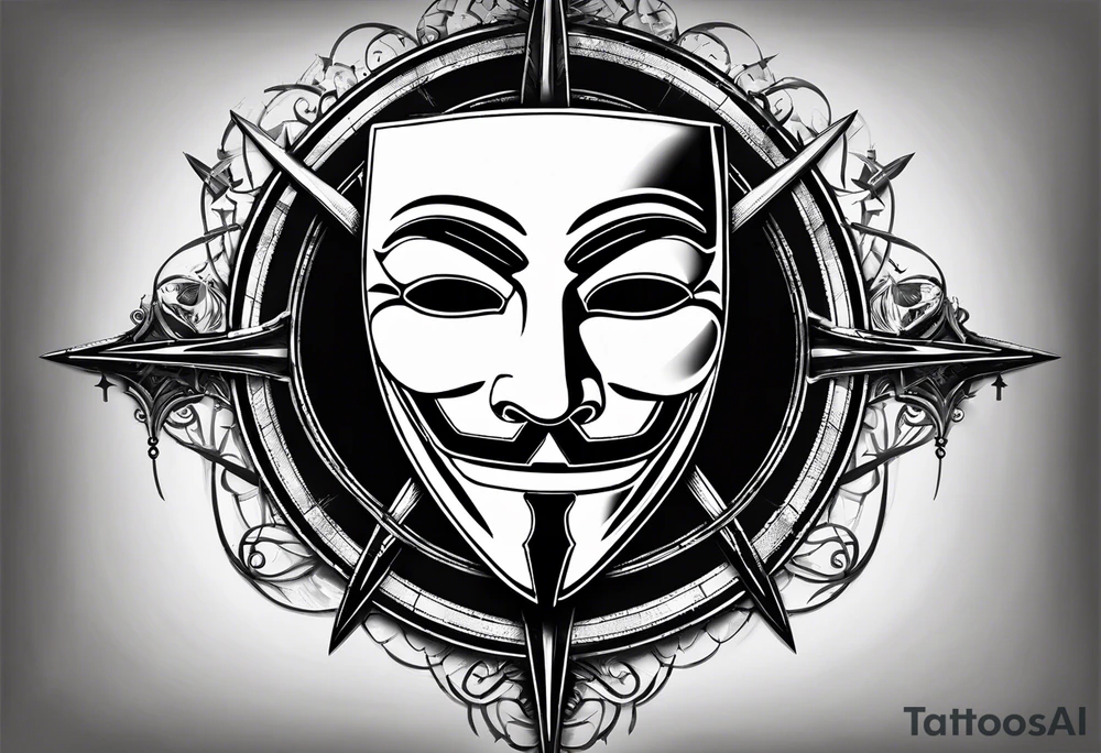 Centered v for vendetta, mask only. No hat.   Vintage compass surround. Crossed fencing swords tattoo idea