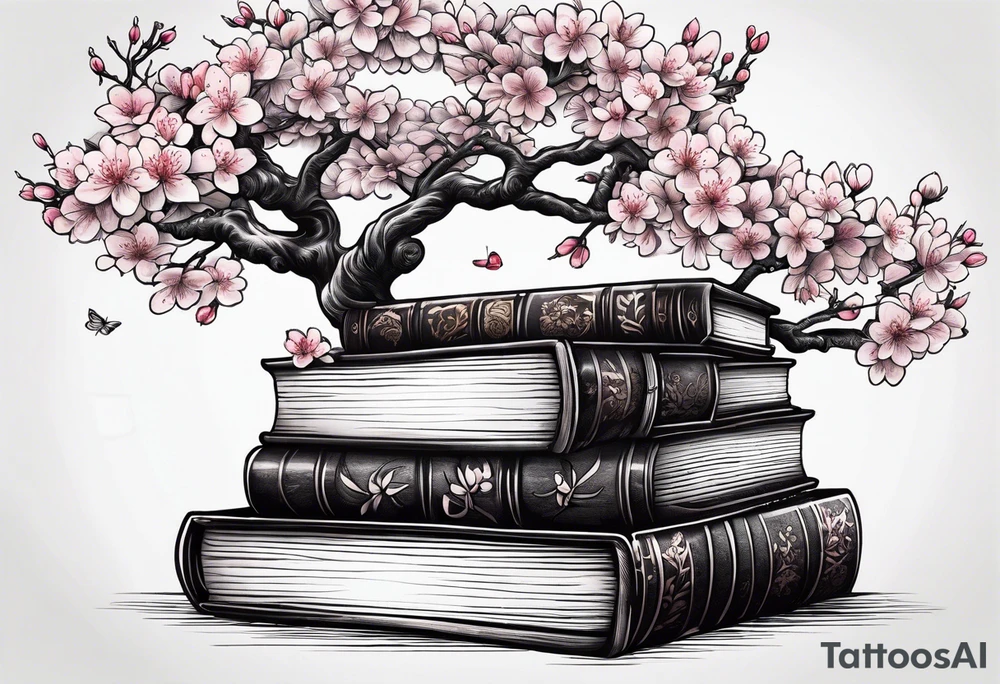 Stack of books with open book on top and cherry blossom tree growing out of it tattoo idea