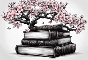 Stack of books with open book on top and cherry blossom tree growing out of it tattoo idea