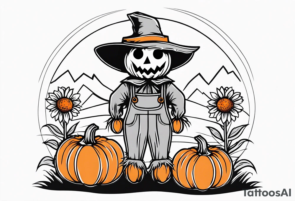 friendly scarecrow with pumpkins and flowers tattoo idea