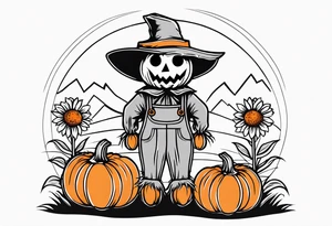 friendly scarecrow with pumpkins and flowers tattoo idea