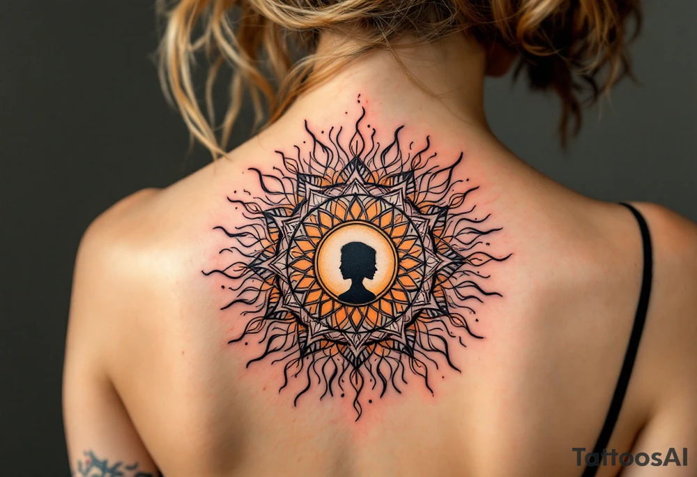 A colorful mandala sun with a mother’s silhouette in the center in deep orange and yellow symbolizes life-giving love. tattoo idea