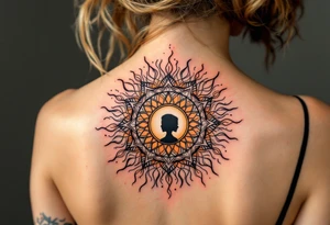 A colorful mandala sun with a mother’s silhouette in the center in deep orange and yellow symbolizes life-giving love. tattoo idea