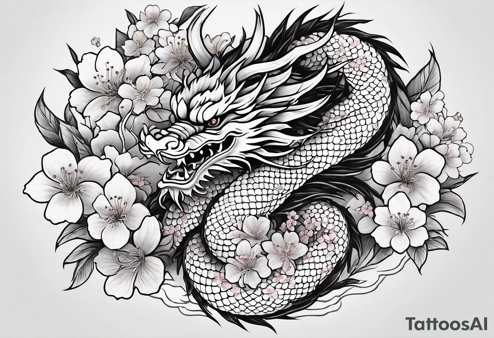 Japanese dragon going around the forearm with scales and cherry blossoms and sakura to fill the background tattoo idea