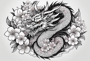 Japanese dragon going around the forearm with scales and cherry blossoms and sakura to fill the background tattoo idea