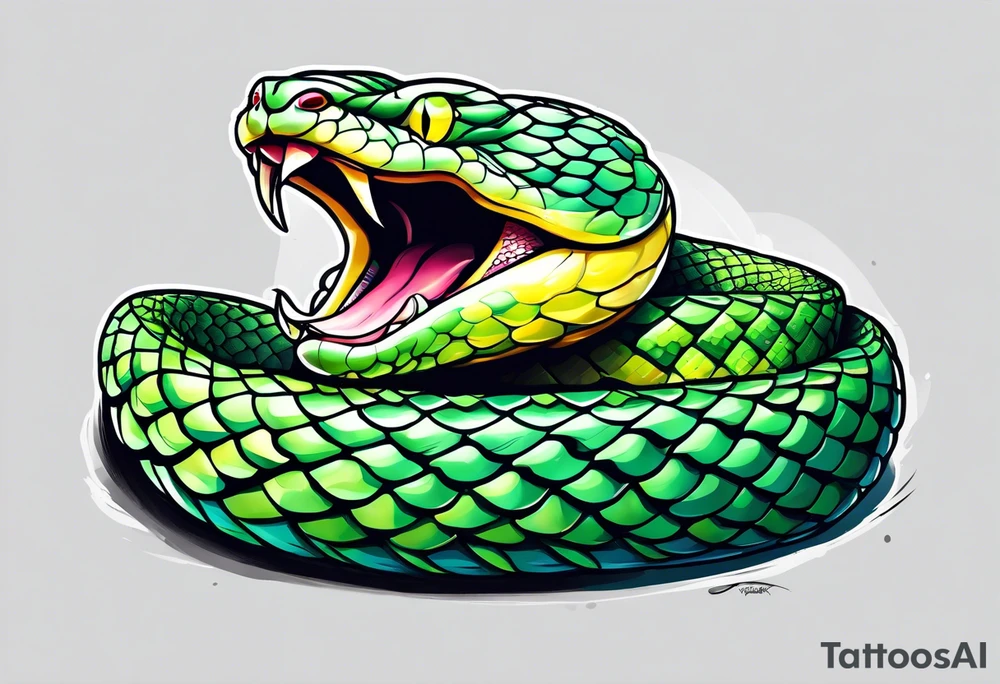 A green pit viper with mouth open showing fangs tattoo idea