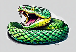 A green pit viper with mouth open showing fangs tattoo idea