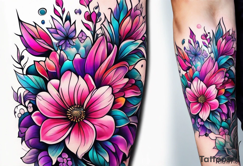 Bright, colorful, lots of pinks and purples flower arm tattoo tattoo idea