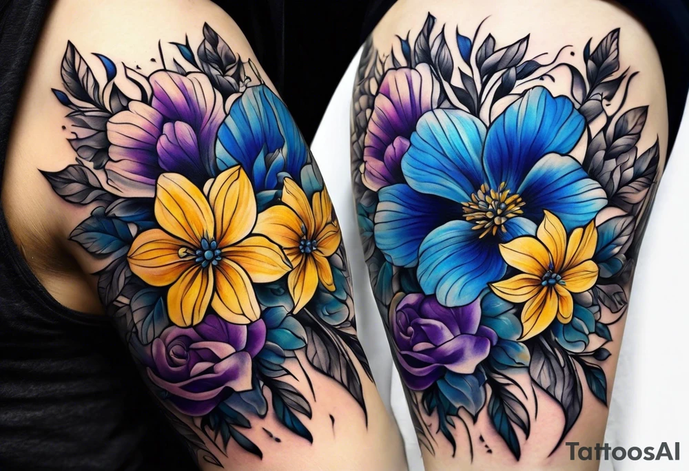 Blue yellow and purple flowers arm sleeve tattoo idea