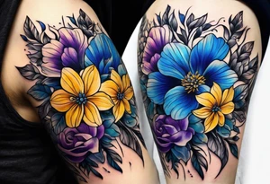 Blue yellow and purple flowers arm sleeve tattoo idea