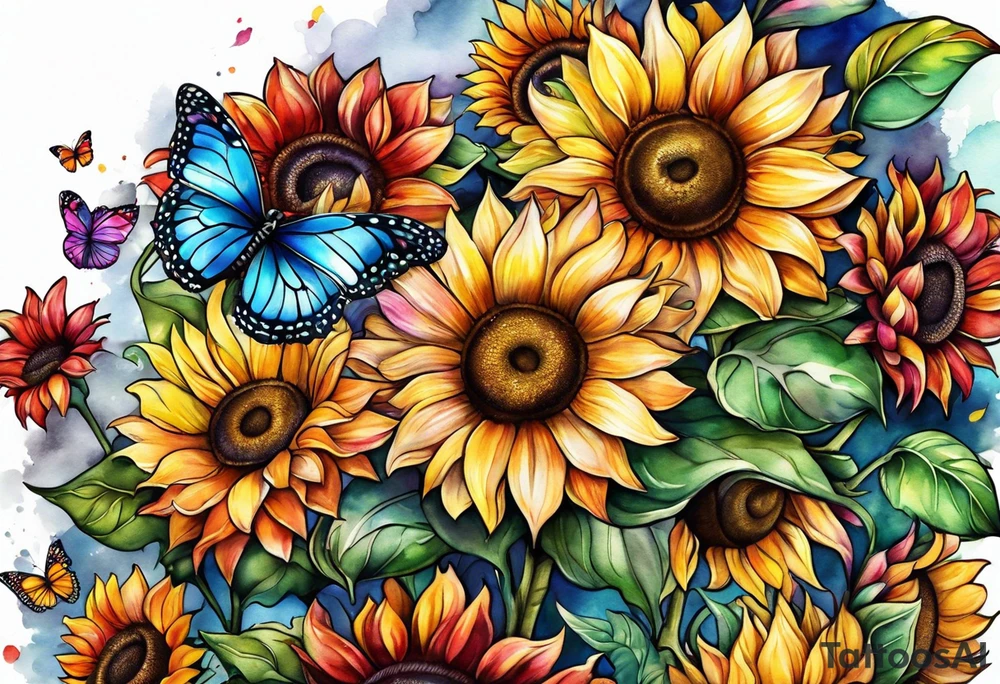 Memorial arm sleeve for mom with rainbow sunflowers and butterflies tattoo idea
