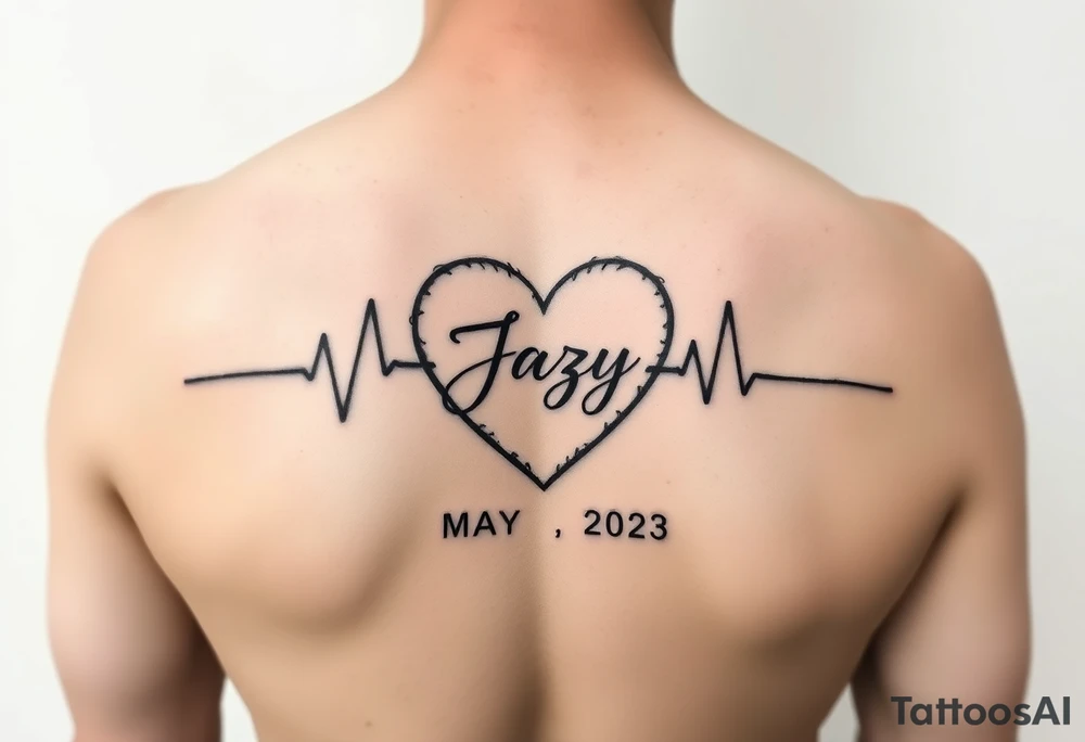 faded heart beat outline for a deceased best friend with the name Jazy and the date May 24, 2023 incorporated tattoo idea