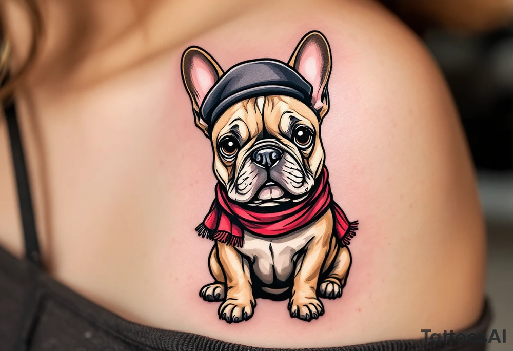 French Bulldog wearing a beret and red scarf, sitting proudly like a Parisian icon, with fawn-colored fur and a cheeky expression. tattoo idea