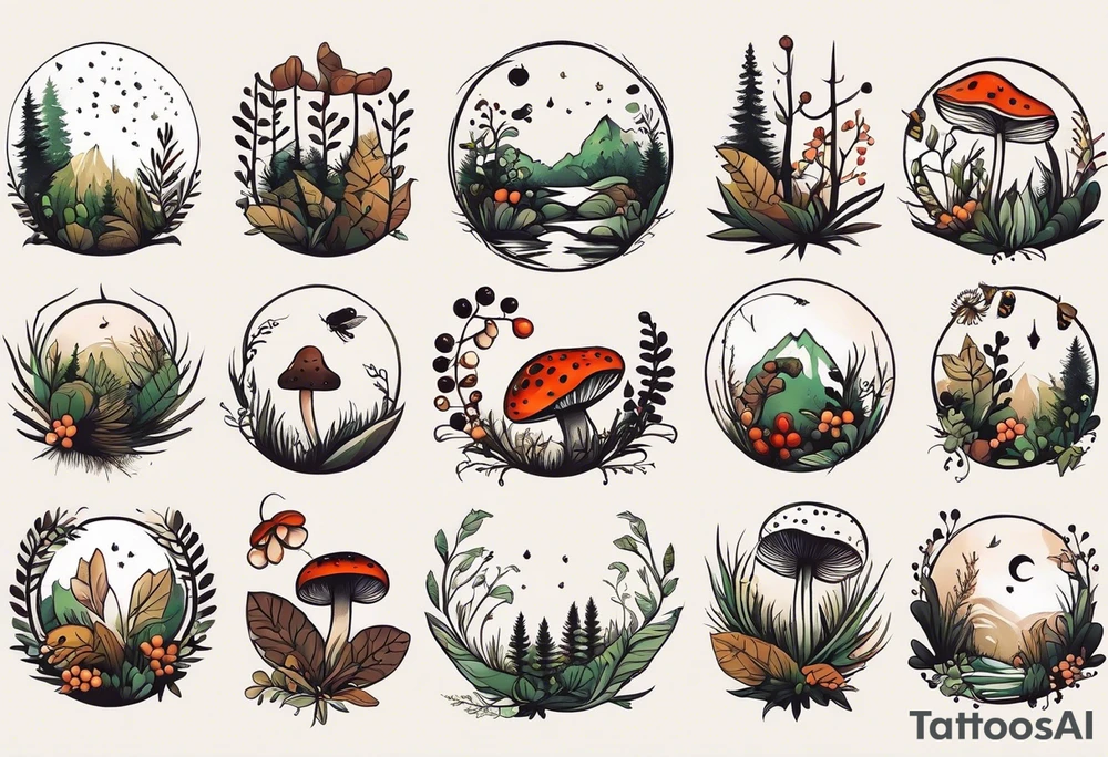 minimalistic forest floor inspired tattoo, which includes grass, moss, curly ferns and dead leaves as the bulk of the tattoo. details to include: forest berries, couple of very small brown mushrooms, a tiny bumblebee flying nearby tattoo idea
