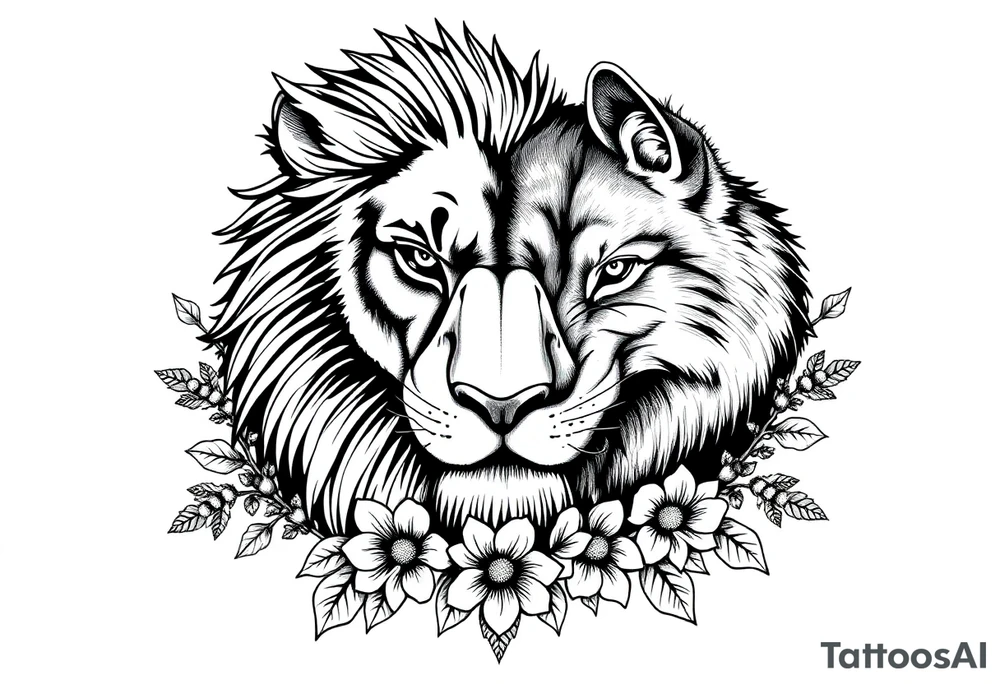 Half powerful majestic lion but half wolf forward facing representing protection floral brambles surrounded tattoo idea