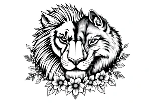 Half powerful majestic lion but half wolf forward facing representing protection floral brambles surrounded tattoo idea