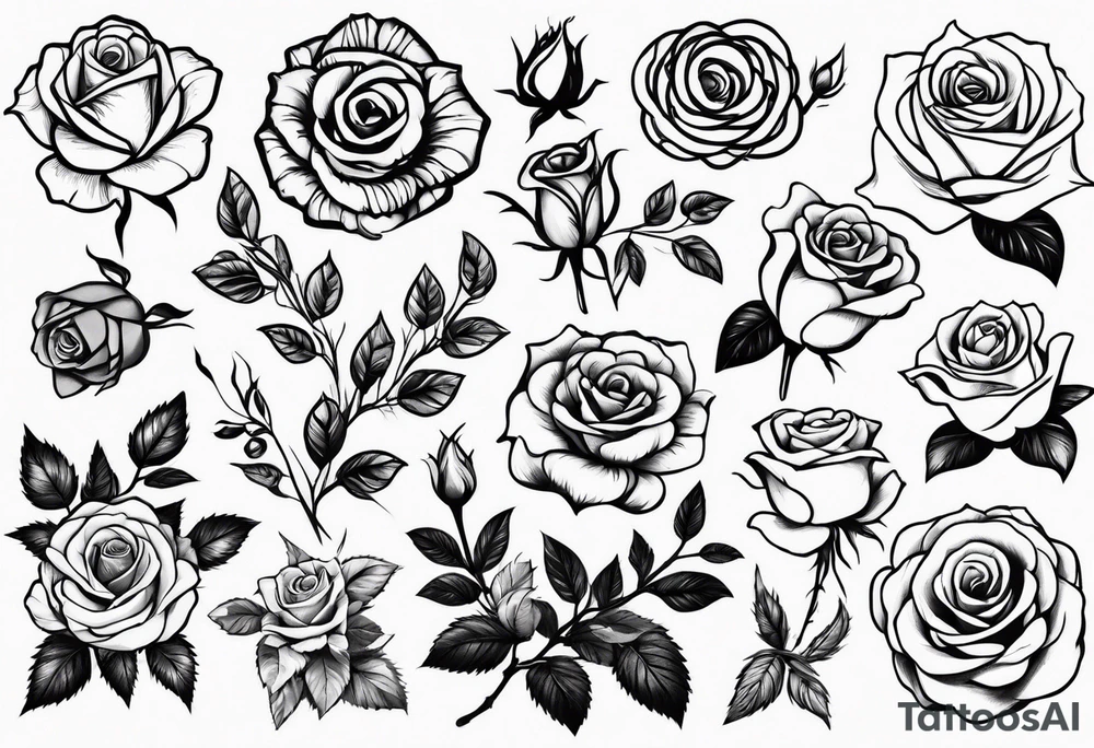 Variety of roses flash sheet tattoos linework tattoo idea