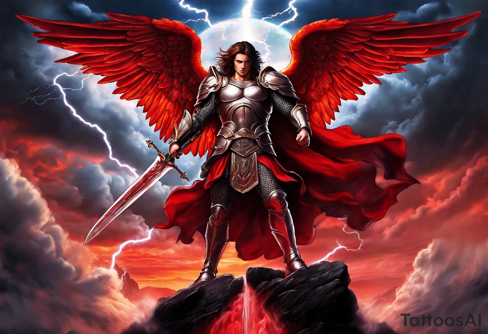 Michael the Archangel standing over satan with sword.  Clouds and lightning in background.  Red lava below satan under a rock tattoo idea