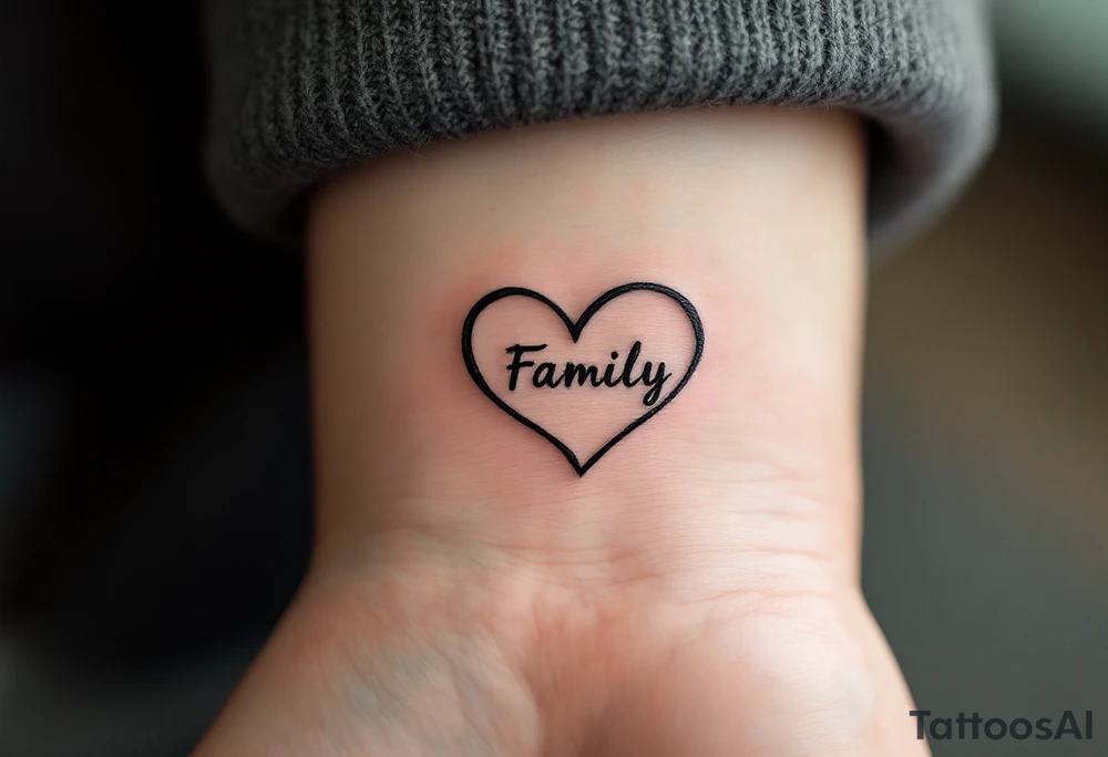 Minimalist with word "Family" – A small, delicate heart with the word "Family" engraved inside. The heart is done in black ink, with fine, clean lines for a subtle, minimalist look. tattoo idea