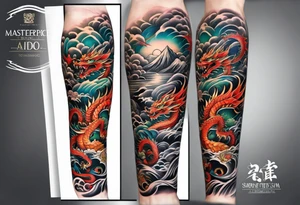 Japanese forearm half sleeve with dragons tattoo idea