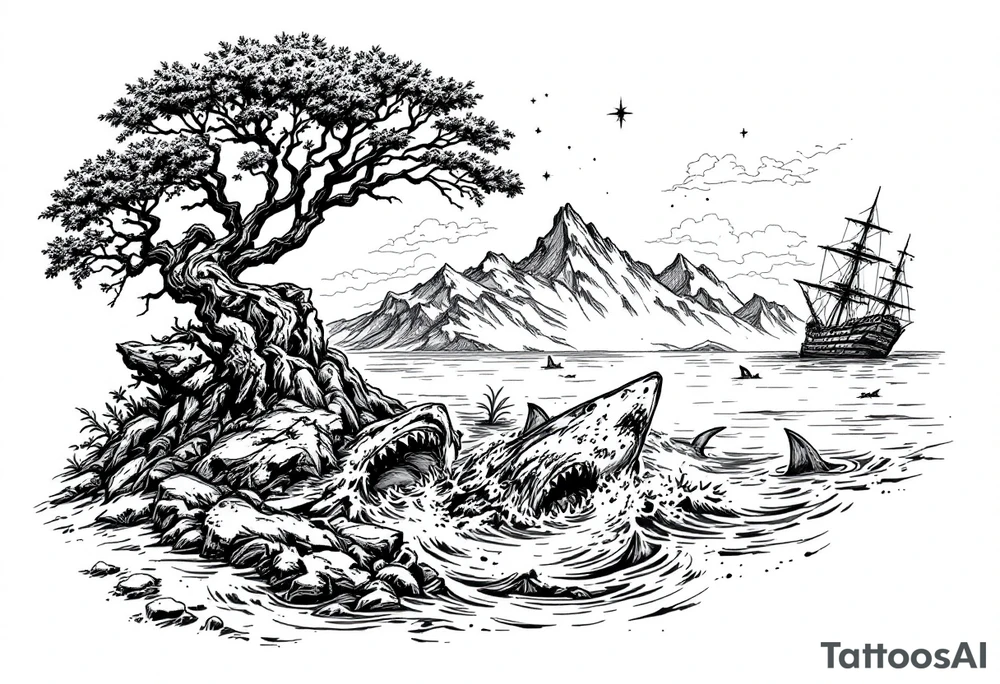 tattoo that has an acacia tree with mountains, ocean with a ship wreck with sharks and the northern star tattoo idea