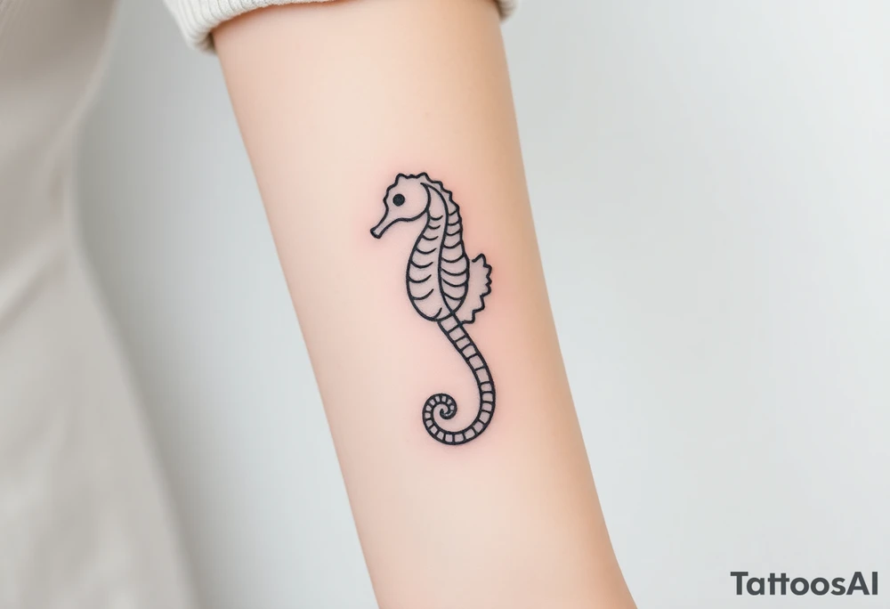 A sleek black ink seahorse outline, its body adorned with minimalist wave patterns. tattoo idea