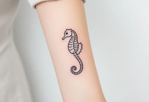 A sleek black ink seahorse outline, its body adorned with minimalist wave patterns. tattoo idea