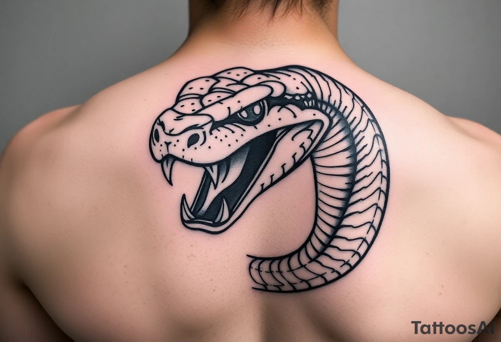 A dangerous snake it has a wide shaped cobra head with a mouth full of sharp teeth and long fangs like a sab tattoo idea