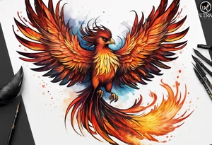 Phoenix on hip down into thigh with quote "from the Ashes I rise" long tail feathers wings not spread tattoo idea