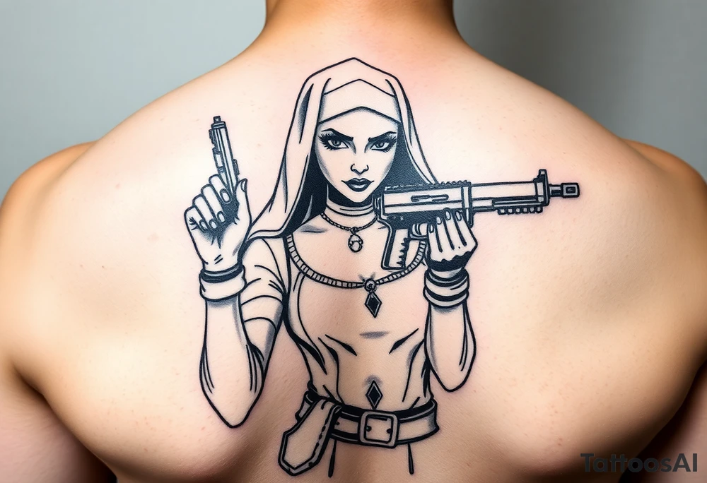 A sexy bad nun junkie with a gun tattoo idea