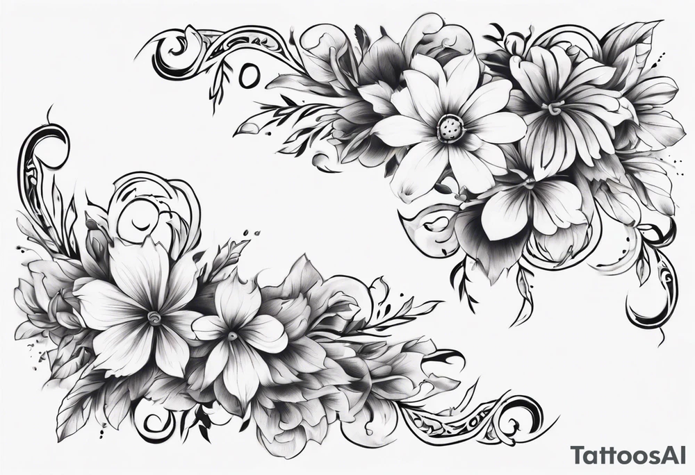 Black and white floral and ornamental style tattoo which will wrap around ankle horizontally which is larger in the centre tattoo idea