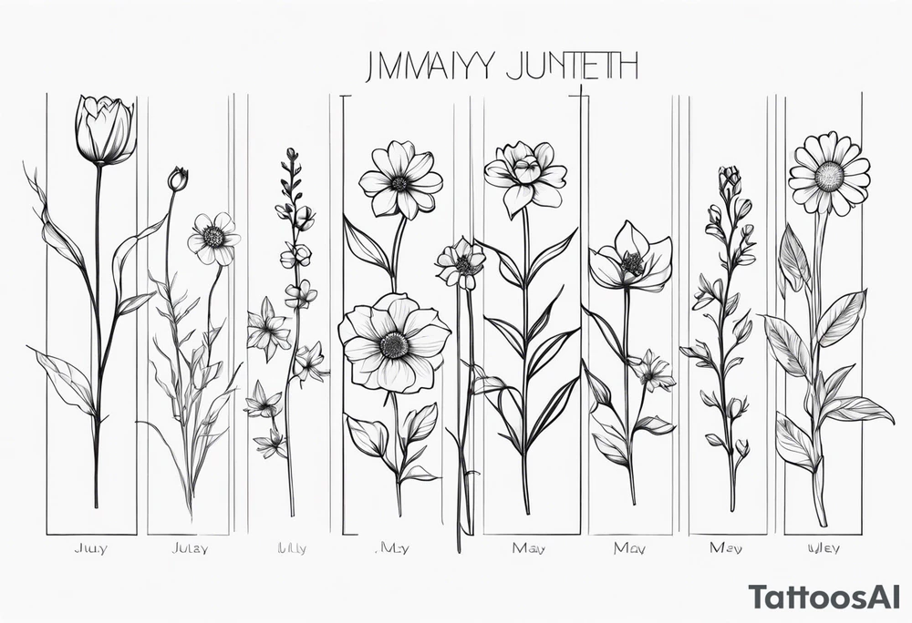 fine line birth month flowers of march may june july all together on one stem tattoo idea