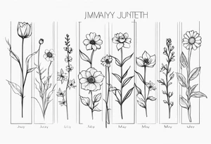 fine line birth month flowers of march may june july all together on one stem tattoo idea