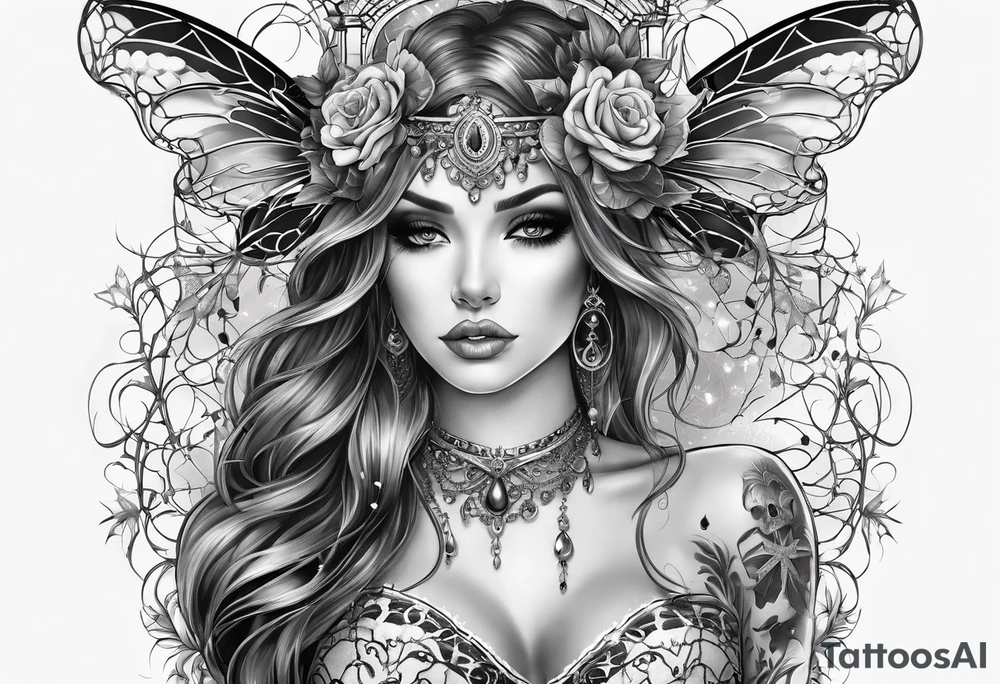 Full sleeve with fairy’s and skulls and spiderwebs tattoo idea
