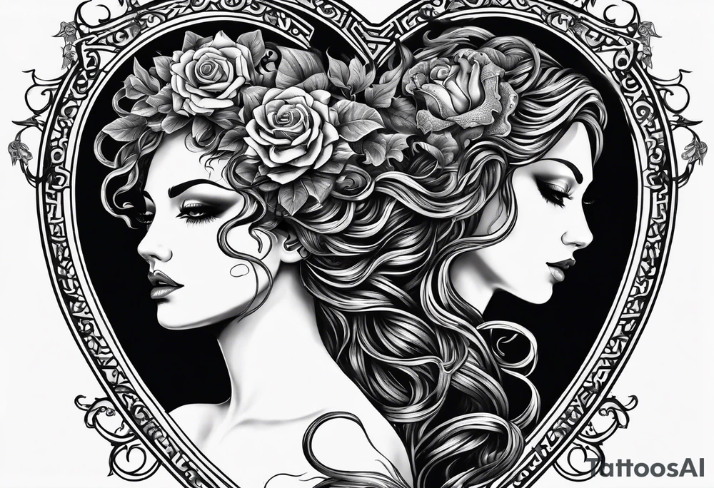 Gothic Medusa lady head inside of a heart blackwork tattoo idea