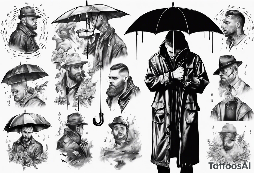 A man in a rain coat holding an umbrella tattoo idea