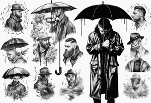 A man in a rain coat holding an umbrella tattoo idea