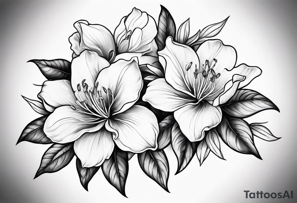 Azaleas with 5 petals, buds, leaves; curved design tattoo idea