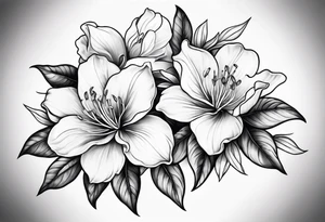 Azaleas with 5 petals, buds, leaves; curved design tattoo idea