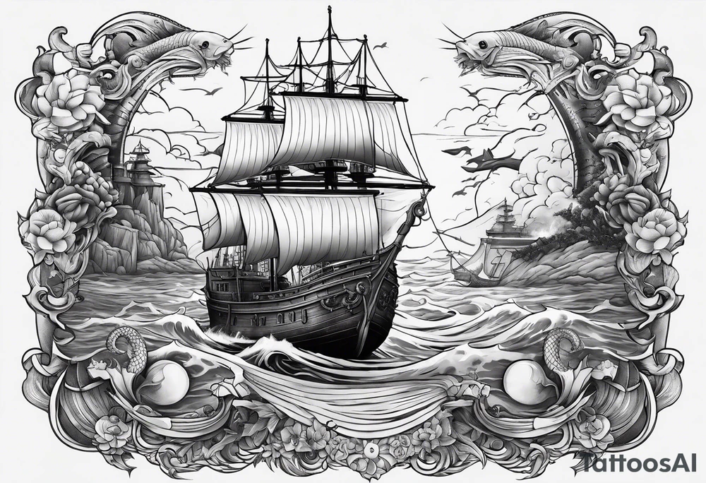 ship sinking with a mermaid on the right holding a rope the mermaid on the left holding a dagger tattoo idea