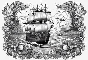 ship sinking with a mermaid on the right holding a rope the mermaid on the left holding a dagger tattoo idea