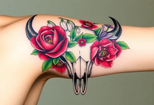 Buffalo or bison skull with flowers. Red Peony, snowdrop, green holly with red berries, purple larkspur,  red peony. Colour. For upper arm or shoulder. Masculin. tattoo idea