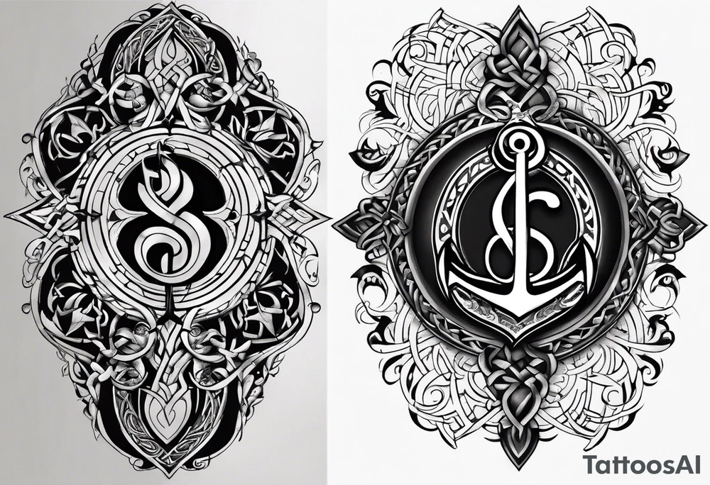 Celtic styling, anchor, compass, bass clef note, treble clef note, dog paw print, half sleeve, forearm tattoo idea